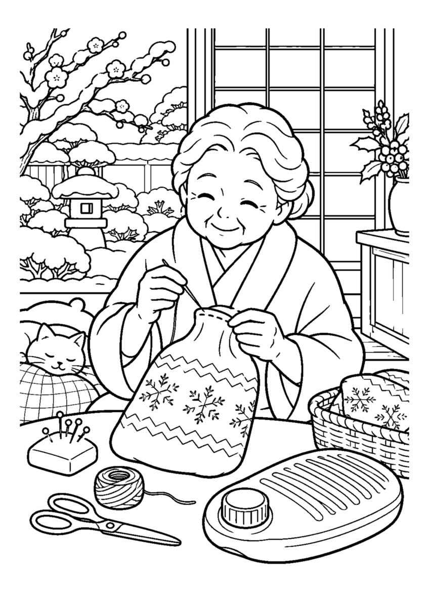 湯たんぽ袋を縫う高齢者1人または2人。冬の道具と作業の手元を大きく描き、安全な動作が分かる場面。白黒の高齢者向け塗り絵