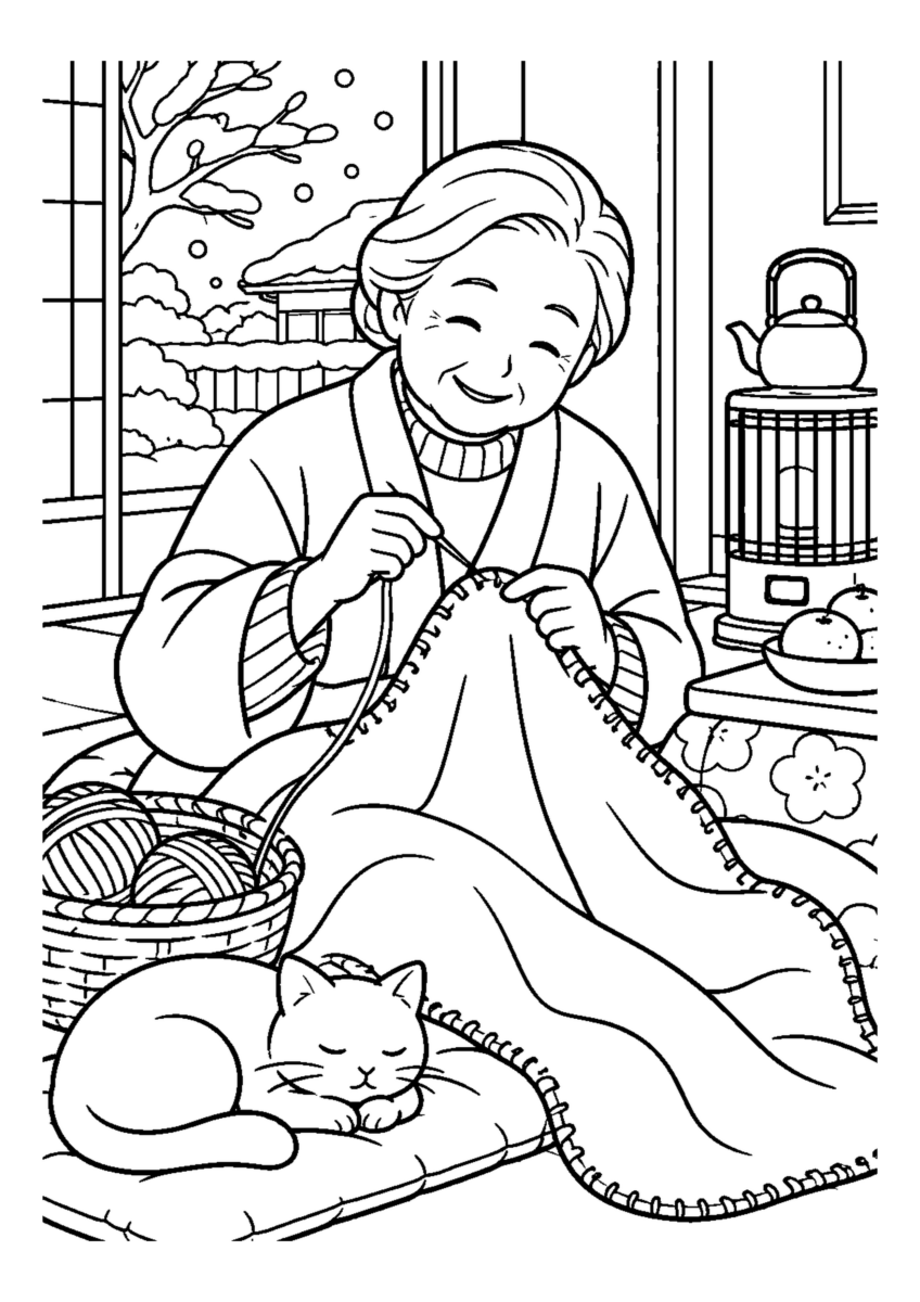 毛布の縁をかがる高齢者1人または2人。冬の道具と作業の手元を大きく描き、安全な動作が分かる場面。白黒の高齢者向け塗り絵