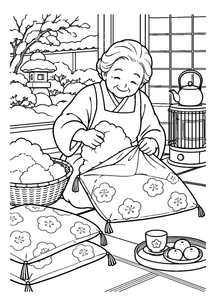 【１２月】冬座布団の綿入れの塗り絵
