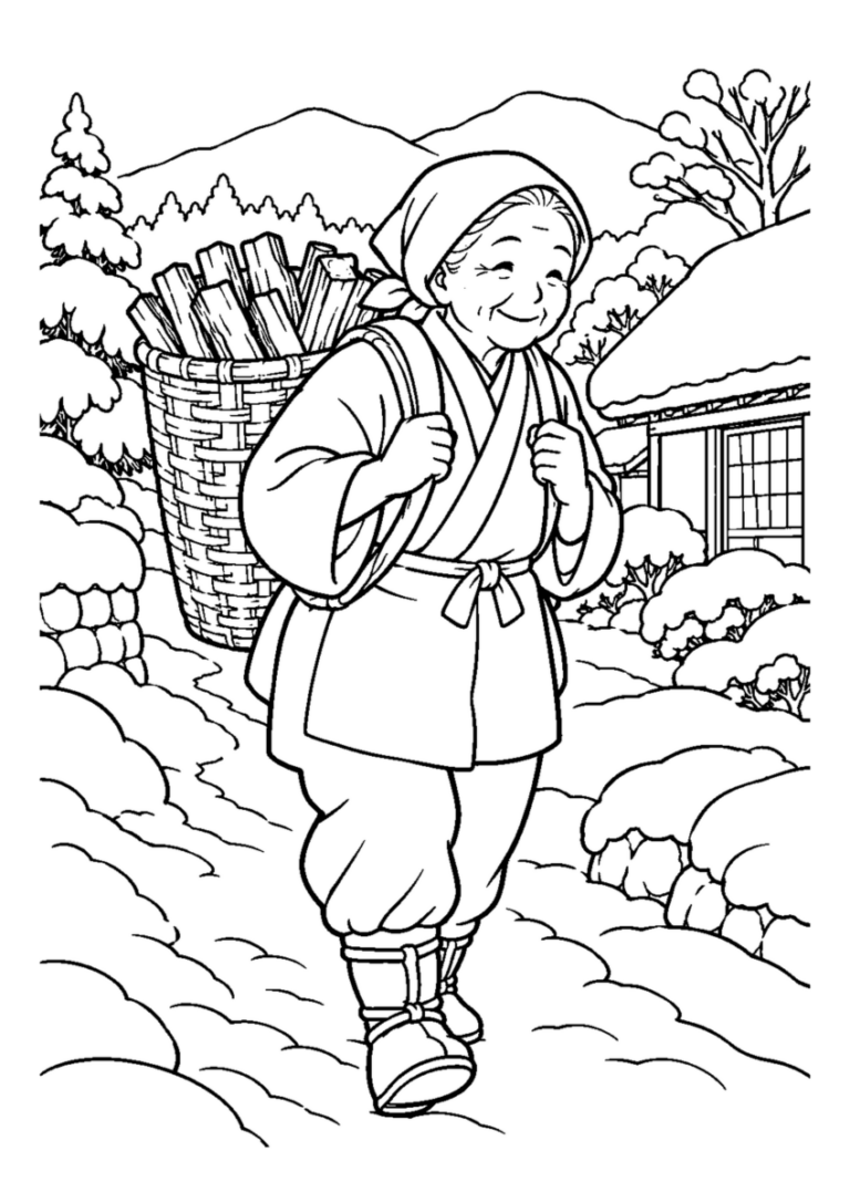 竹かごに薪を運ぶ高齢者1人または2人。冬の道具と作業の手元を大きく描き、安全な動作が分かる場面。白黒の高齢者向け塗り絵