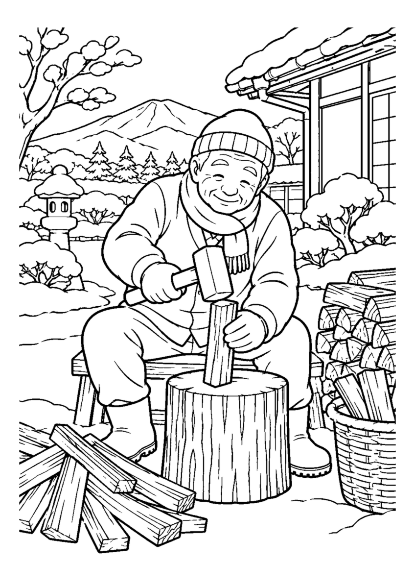 薪を細く割る高齢者1人または2人。冬の道具と作業の手元を大きく描き、安全な動作が分かる場面。白黒の高齢者向け塗り絵
