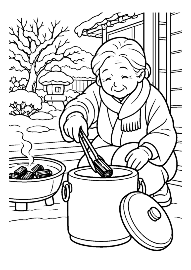 木炭を火消し壺へ高齢者1人または2人。冬の道具と作業の手元を大きく描き、安全な動作が分かる場面。白黒の高齢者向け塗り絵