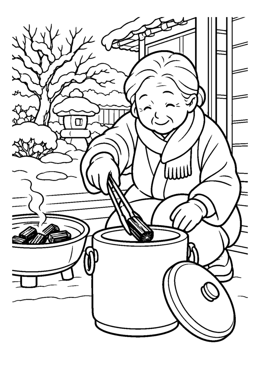 木炭を火消し壺へ高齢者1人または2人。冬の道具と作業の手元を大きく描き、安全な動作が分かる場面。白黒の高齢者向け塗り絵