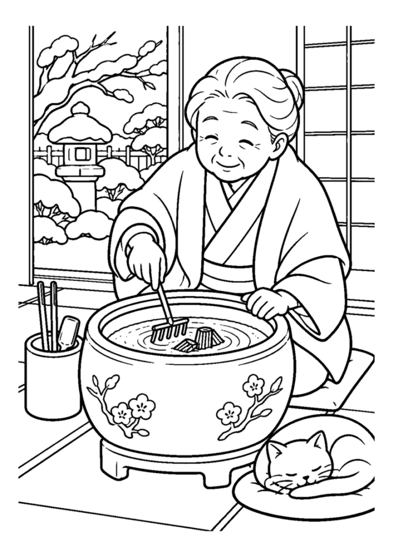 灰ならしをする火鉢高齢者1人または2人。冬の道具と作業の手元を大きく描き、安全な動作が分かる場面。白黒の高齢者向け塗り絵