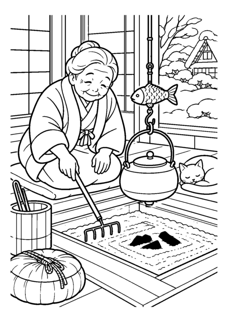 囲炉裏の灰を整える高齢者1人または2人。冬の道具と作業の手元を大きく描き、安全な動作が分かる場面。白黒の高齢者向け塗り絵