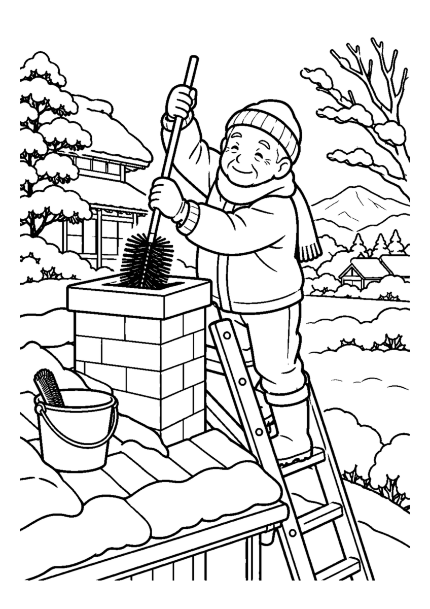 煙突のすすを落とす高齢者1人または2人。冬の道具と作業の手元を大きく描き、安全な動作が分かる場面。白黒の高齢者向け塗り絵