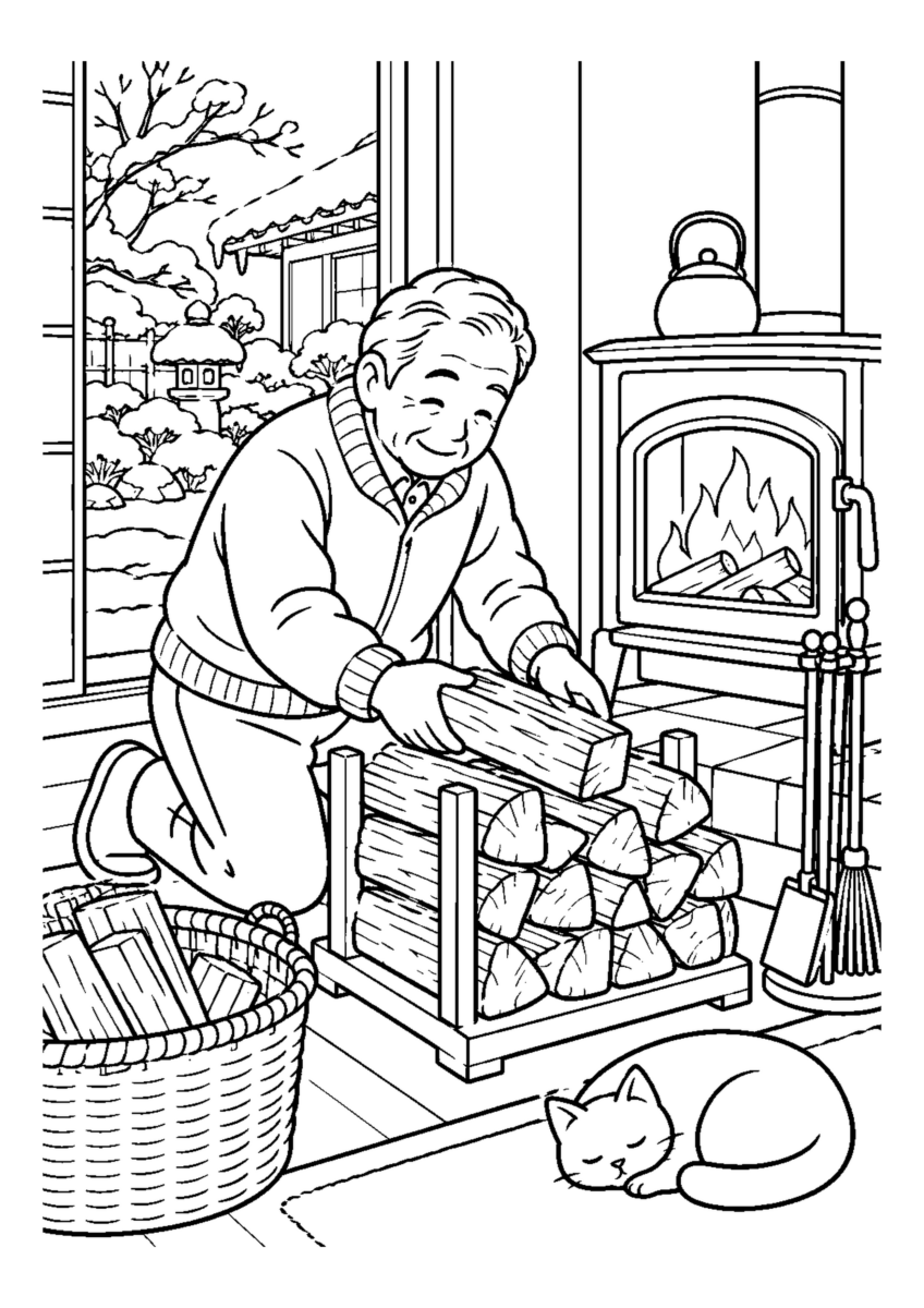 暖炉の薪台を整える高齢者1人または2人。冬の道具と作業の手元を大きく描き、安全な動作が分かる場面。白黒の高齢者向け塗り絵