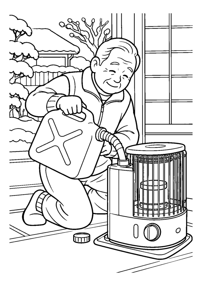 石油ストーブに灯油を運ぶ高齢者1人または2人。冬の道具と作業の手元を大きく描き、安全な動作が分かる場面。白黒の高齢者向け塗り絵
