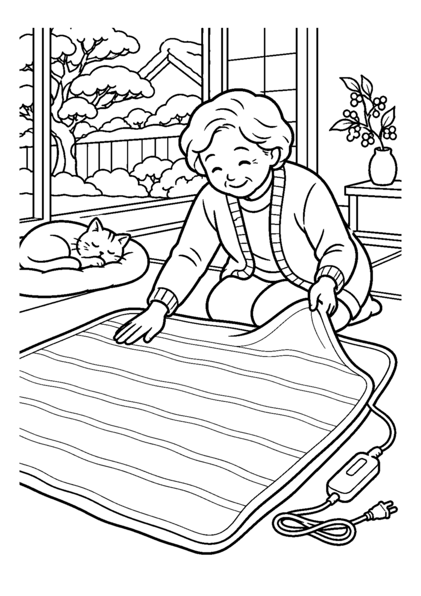 電気毛布を広げて点検高齢者1人または2人。冬の道具と作業の手元を大きく描き、安全な動作が分かる場面。白黒の高齢者向け塗り絵