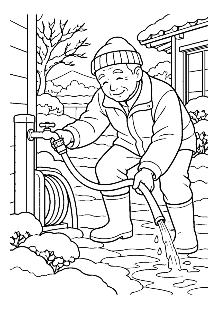 屋外ホースの水を抜く高齢者1人または2人。冬の道具と作業の手元を大きく描き、安全な動作が分かる場面。白黒の高齢者向け塗り絵