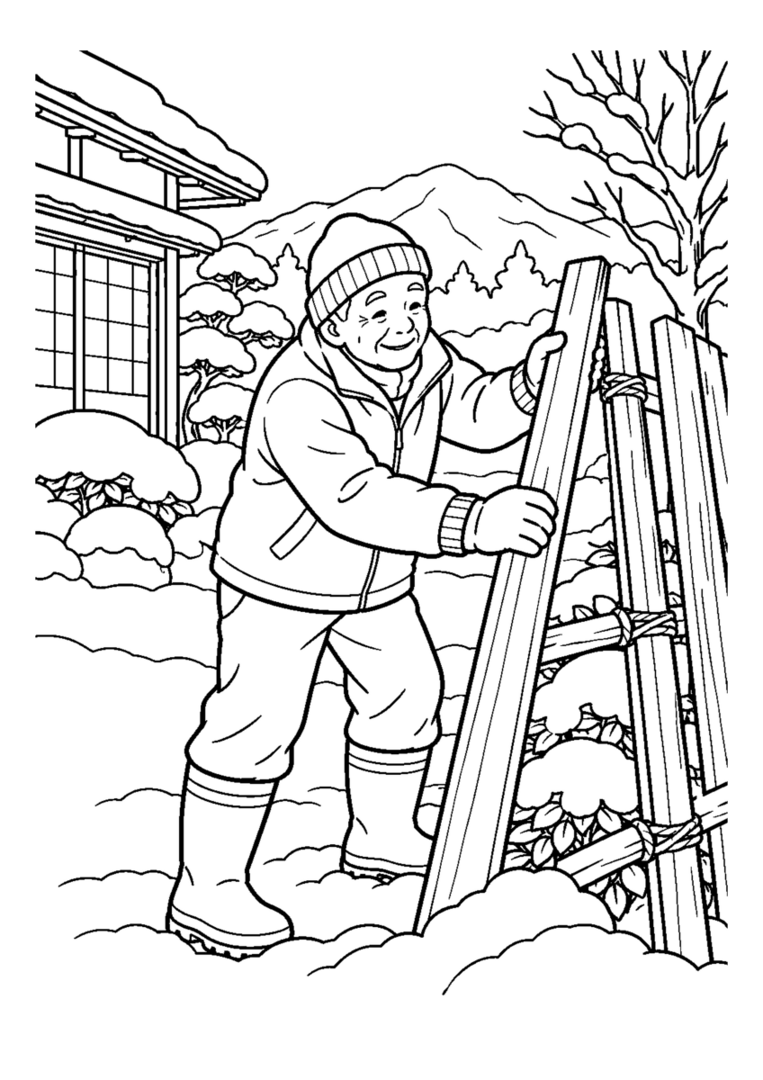 雪囲いの板を立てる高齢者1人または2人。冬の道具と作業の手元を大きく描き、安全な動作が分かる場面。白黒の高齢者向け塗り絵