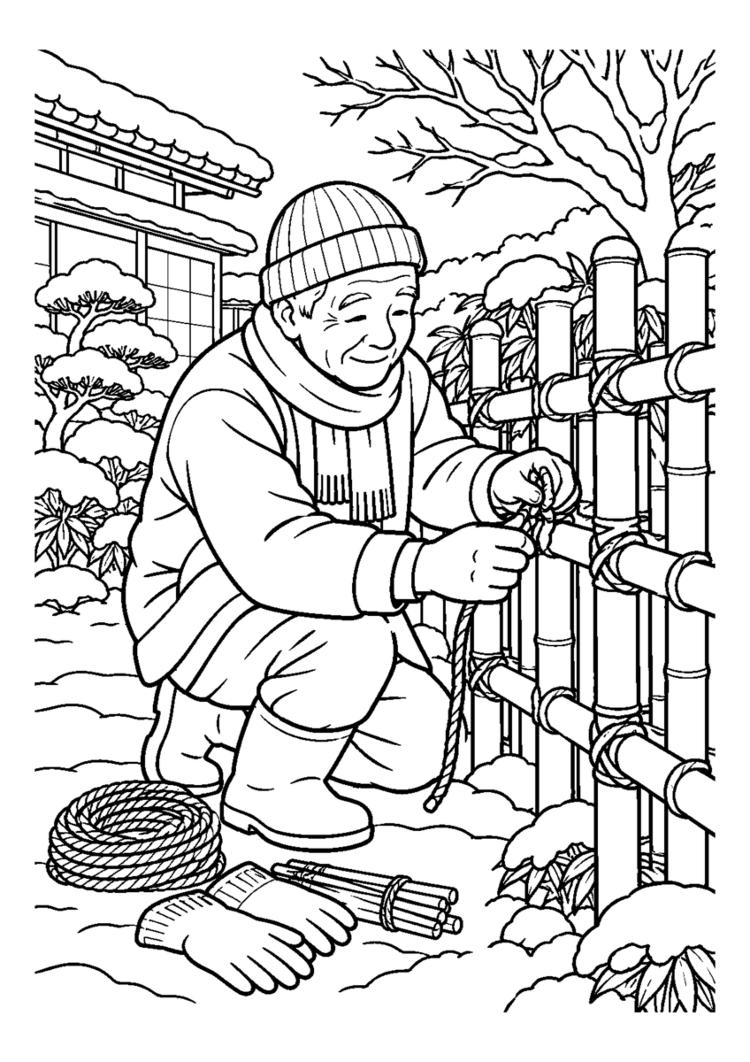 竹垣を縄で補強する高齢者1人または2人。冬の道具と作業の手元を大きく描き、安全な動作が分かる場面。白黒の高齢者向け塗り絵