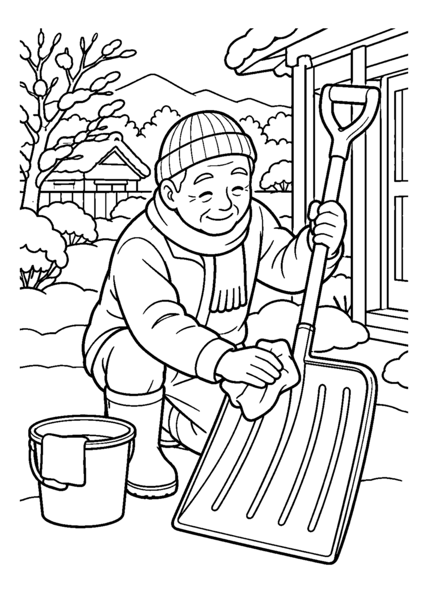 雪かきスコップを磨く高齢者1人または2人。冬の道具と作業の手元を大きく描き、安全な動作が分かる場面。白黒の高齢者向け塗り絵