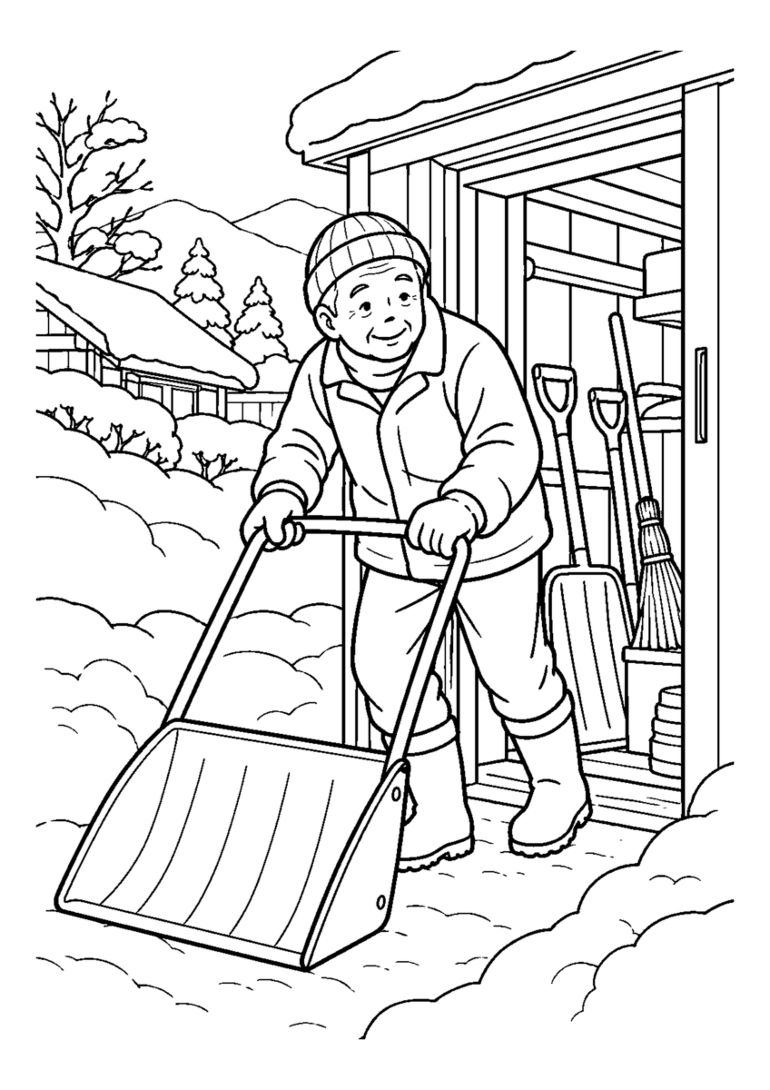 雪押し道具を納屋から出す高齢者1人または2人。冬の道具と作業の手元を大きく描き、安全な動作が分かる場面。白黒の高齢者向け塗り絵