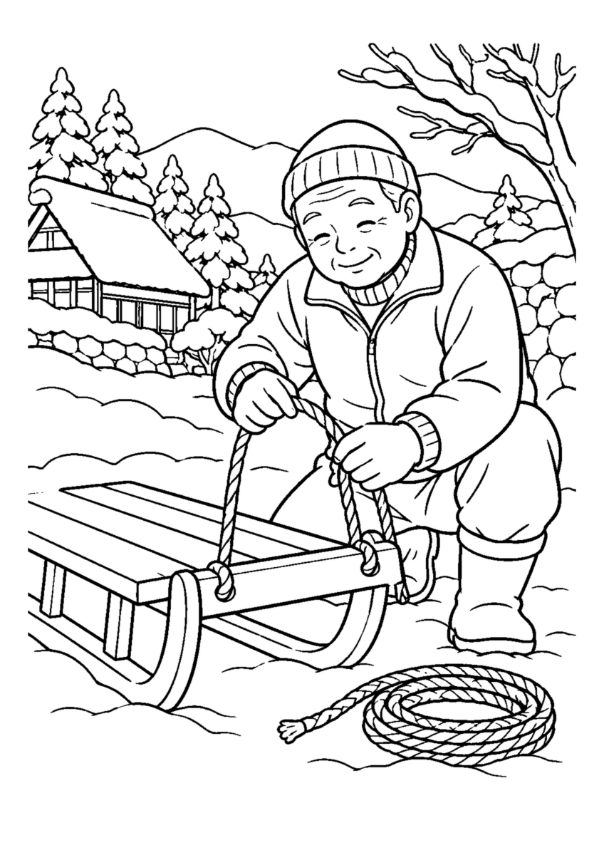そりの縄を取り替える高齢者1人または2人。冬の道具と作業の手元を大きく描き、安全な動作が分かる場面。白黒の高齢者向け塗り絵
