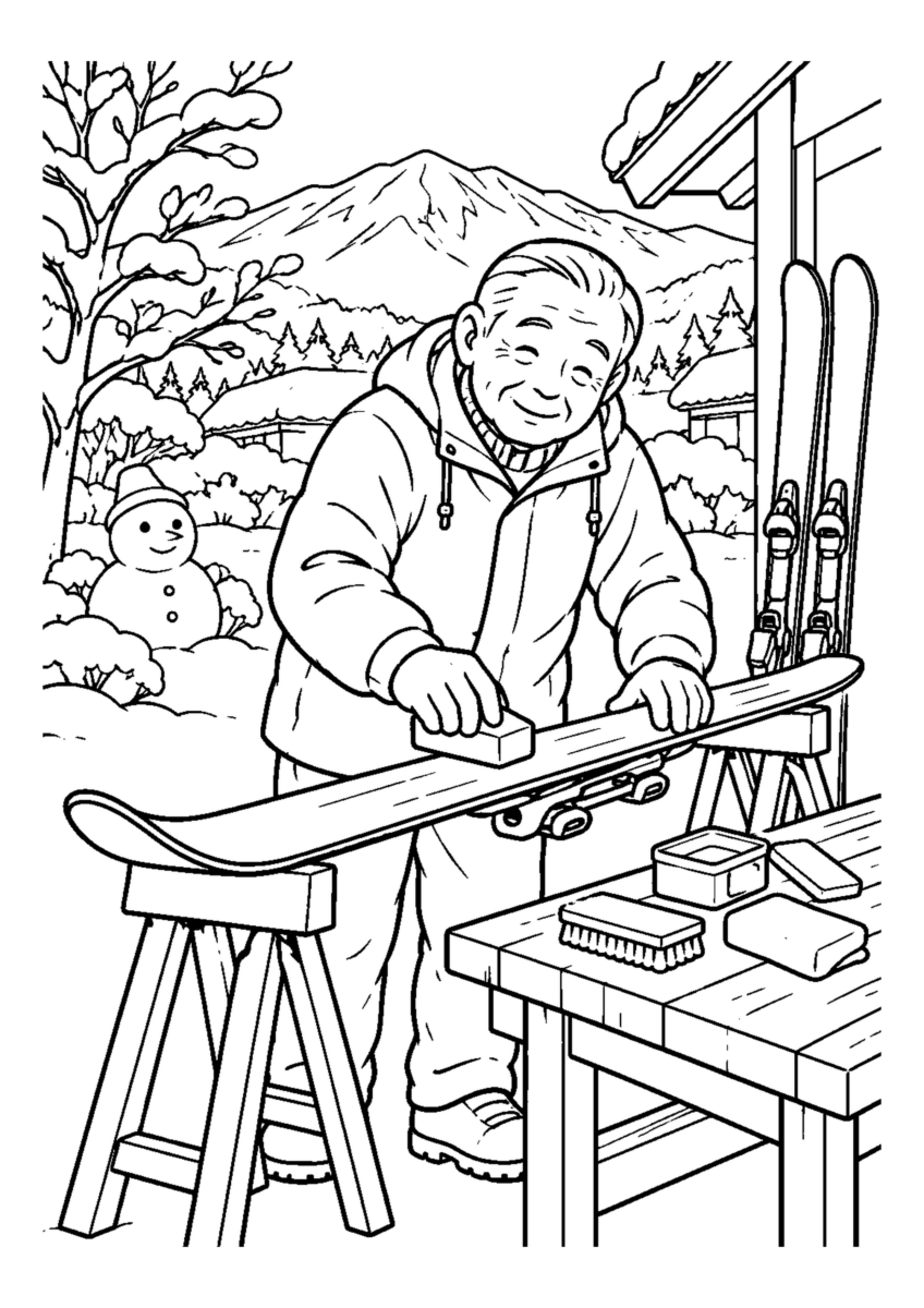 スキー板にワックスを塗る高齢者1人または2人。冬の道具と作業の手元を大きく描き、安全な動作が分かる場面。白黒の高齢者向け塗り絵