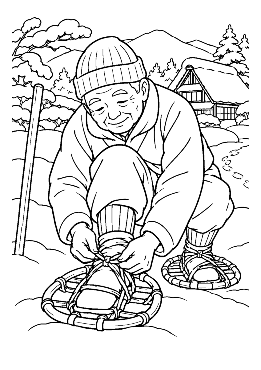 かんじきの紐を結び直す高齢者1人または2人。冬の道具と作業の手元を大きく描き、安全な動作が分かる場面。白黒の高齢者向け塗り絵
