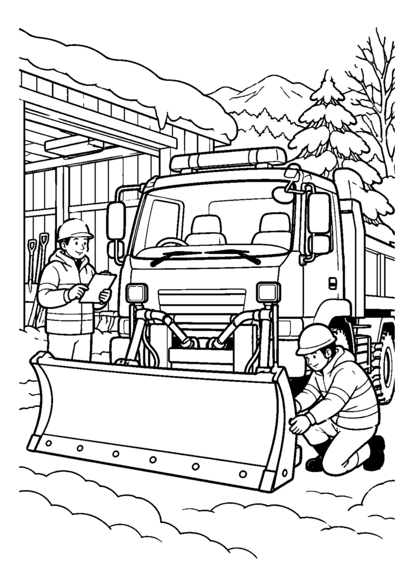 除雪車の出動準備人物2人まで。仕事場、代表的な道具、十二月の季節感が一目で分かる場面。白黒の高齢者向け塗り絵