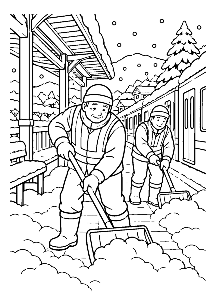 駅ホームの雪かき人物2人まで。仕事場、代表的な道具、十二月の季節感が一目で分かる場面。白黒の高齢者向け塗り絵