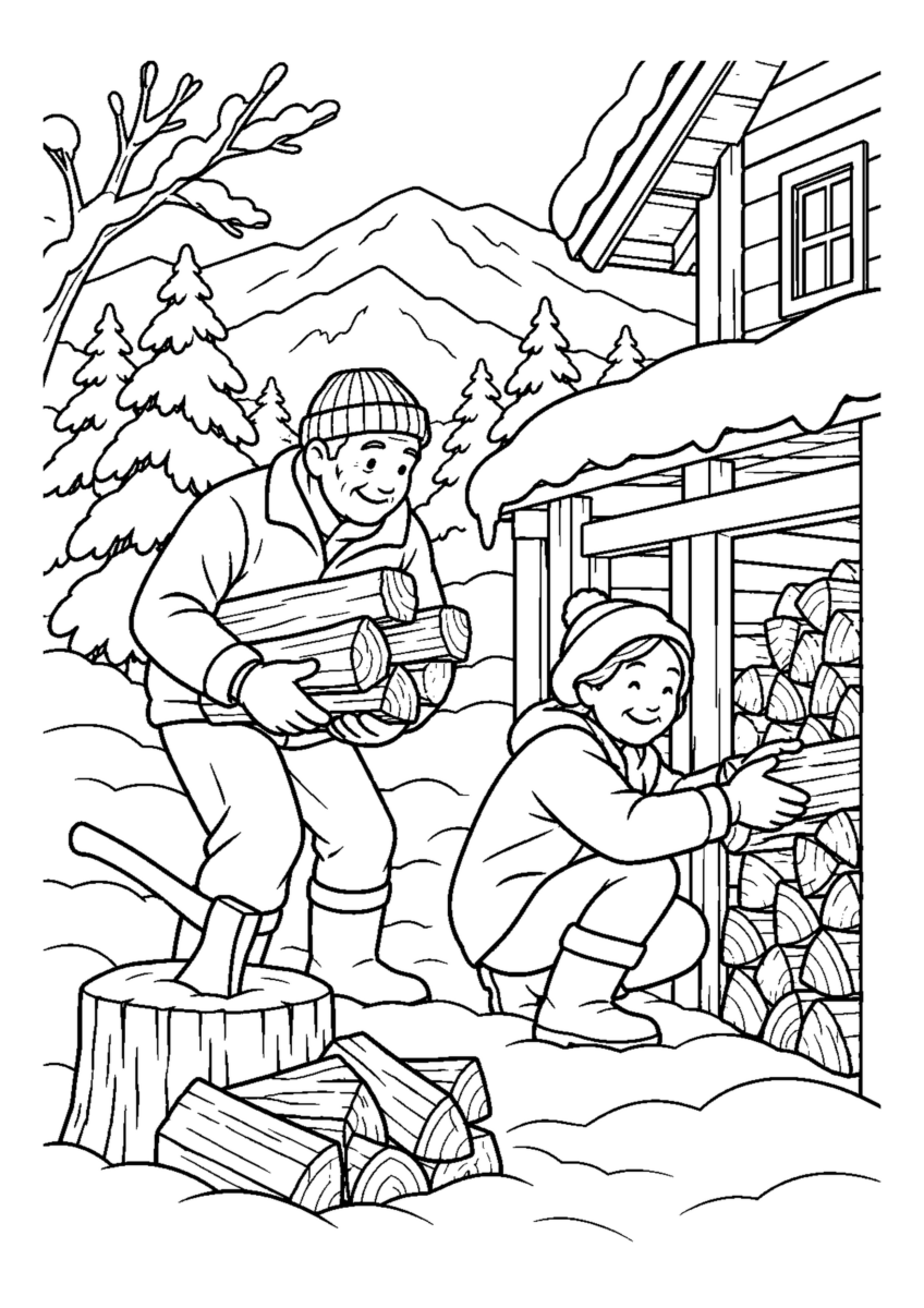 山小屋の薪補給人物2人まで。仕事場、代表的な道具、十二月の季節感が一目で分かる場面。白黒の高齢者向け塗り絵
