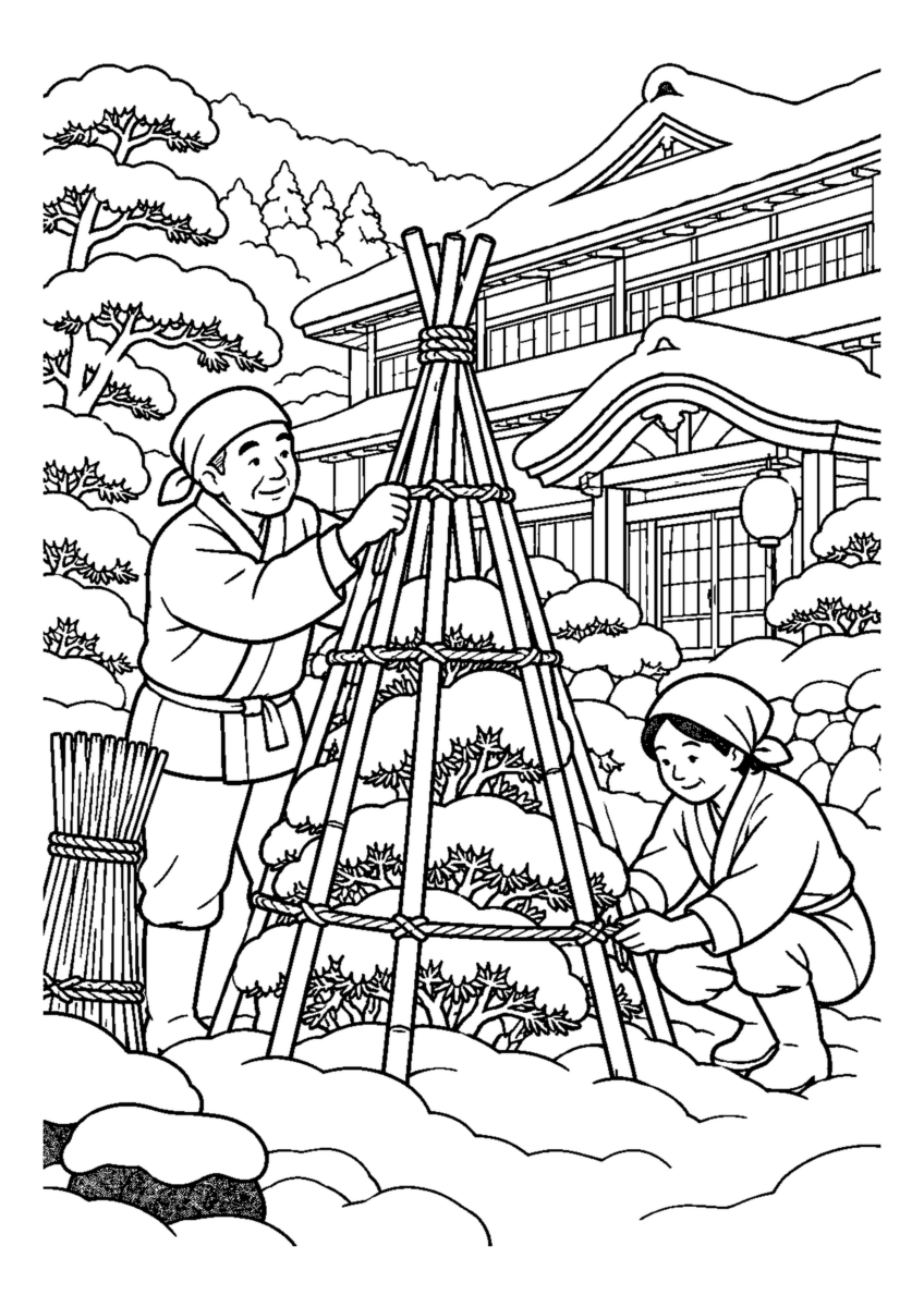 温泉宿の雪囲い人物2人まで。仕事場、代表的な道具、十二月の季節感が一目で分かる場面。白黒の高齢者向け塗り絵