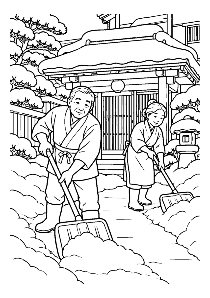 旅館の門前雪かき人物2人まで。仕事場、代表的な道具、十二月の季節感が一目で分かる場面。白黒の高齢者向け塗り絵