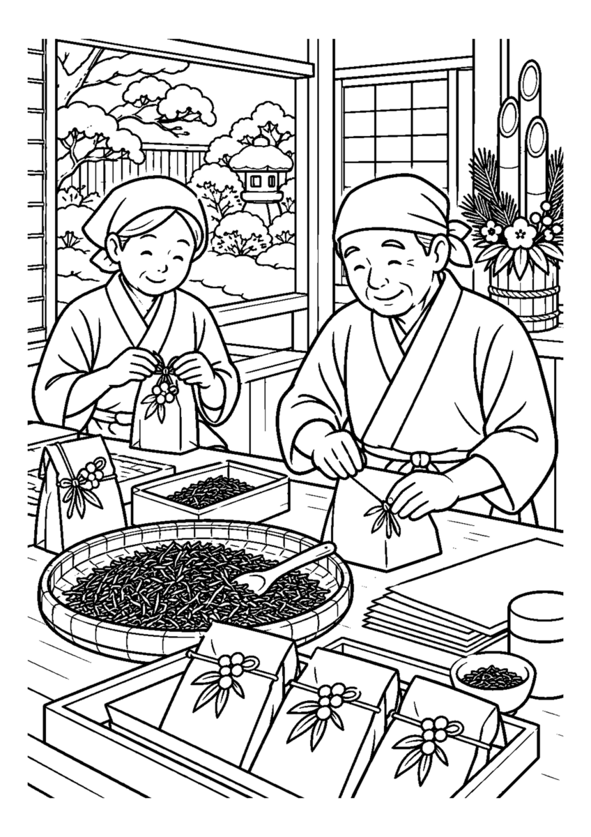 茶舗で新年茶を包む人物2人まで。仕事場、代表的な道具、十二月の季節感が一目で分かる場面。白黒の高齢者向け塗り絵