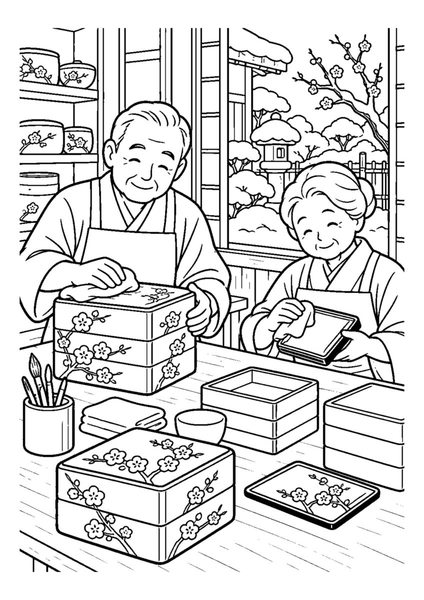 漆器店で重箱を磨く人物2人まで。仕事場、代表的な道具、十二月の季節感が一目で分かる場面。白黒の高齢者向け塗り絵