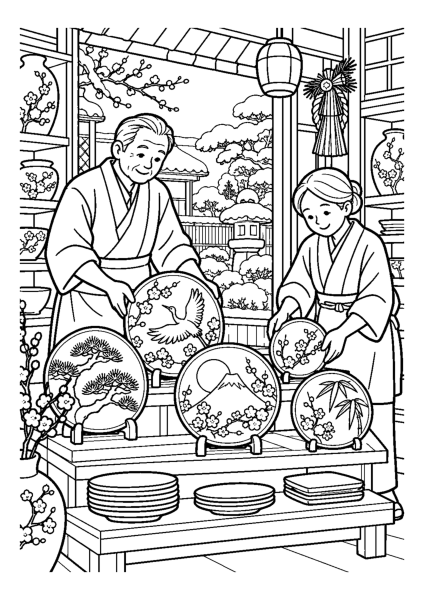 陶器店で祝い皿を並べる人物2人まで。仕事場、代表的な道具、十二月の季節感が一目で分かる場面。白黒の高齢者向け塗り絵