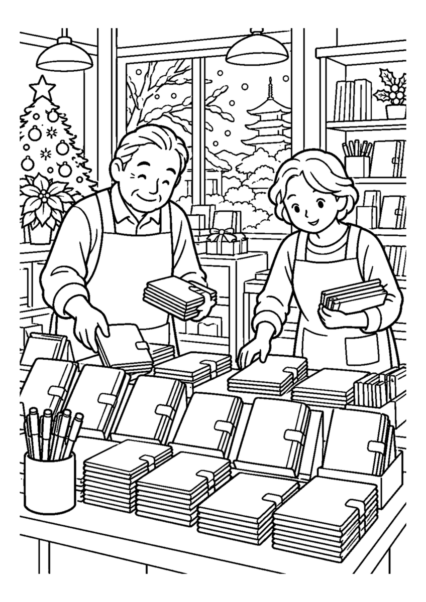 文具店で新年手帳を並べる人物2人まで。仕事場、代表的な道具、十二月の季節感が一目で分かる場面。白黒の高齢者向け塗り絵