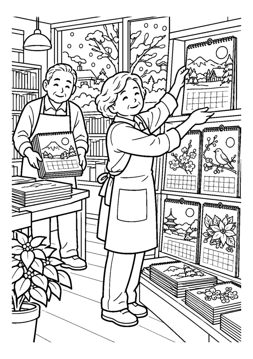 書店で暦を棚に並べる人物2人まで。仕事場、代表的な道具、十二月の季節感が一目で分かる場面。白黒の高齢者向け塗り絵