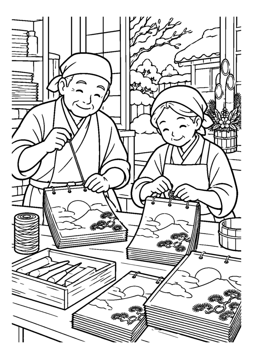 製本所で新しい暦を綴じる人物2人まで。仕事場、代表的な道具、十二月の季節感が一目で分かる場面。白黒の高齢者向け塗り絵