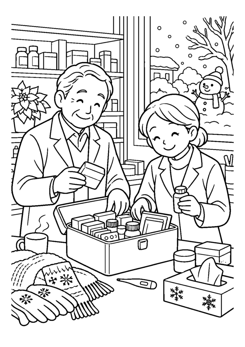 薬局で冬の薬箱を整える人物2人まで。仕事場、代表的な道具、十二月の季節感が一目で分かる場面。白黒の高齢者向け塗り絵