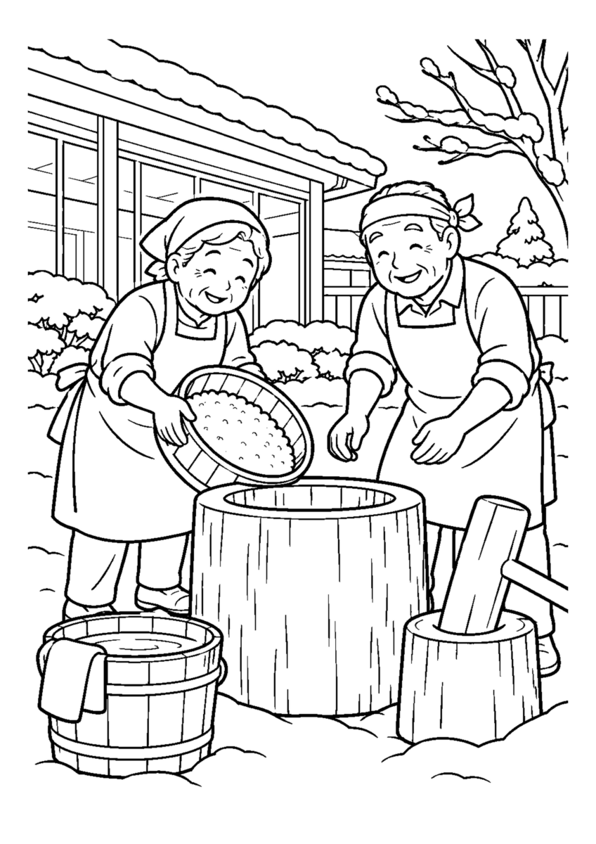 介護施設の餅つき準備人物2人まで。仕事場、代表的な道具、十二月の季節感が一目で分かる場面。白黒の高齢者向け塗り絵