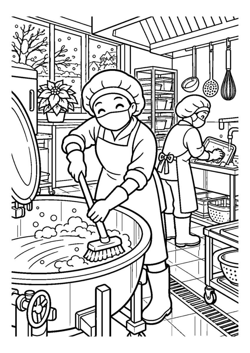 学校給食室の大掃除人物2人まで。仕事場、代表的な道具、十二月の季節感が一目で分かる場面。白黒の高齢者向け塗り絵