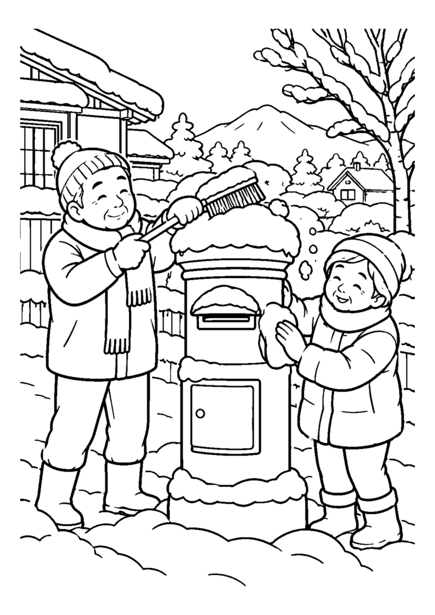 郵便ポストの雪払い人物2人まで。仕事場、代表的な道具、十二月の季節感が一目で分かる場面。白黒の高齢者向け塗り絵