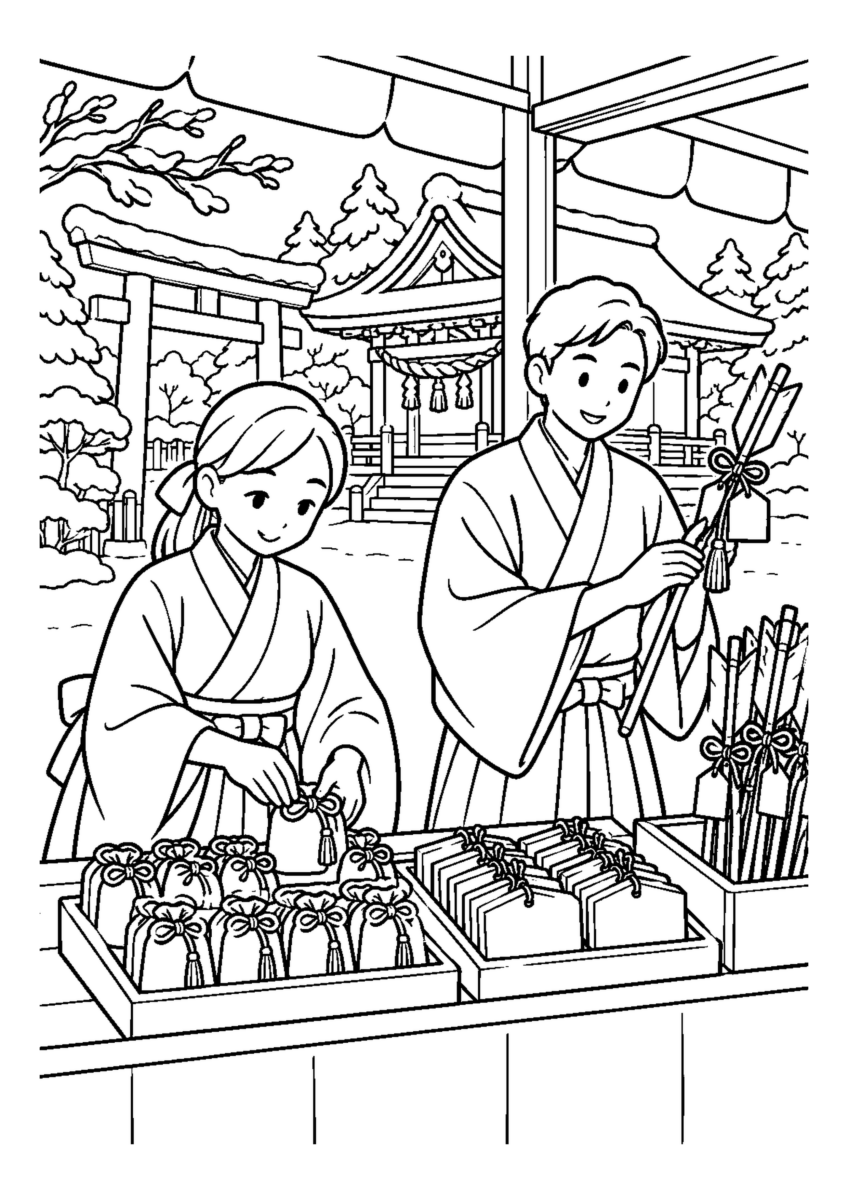 神社の授与所準備人物2人まで。仕事場、代表的な道具、十二月の季節感が一目で分かる場面。白黒の高齢者向け塗り絵