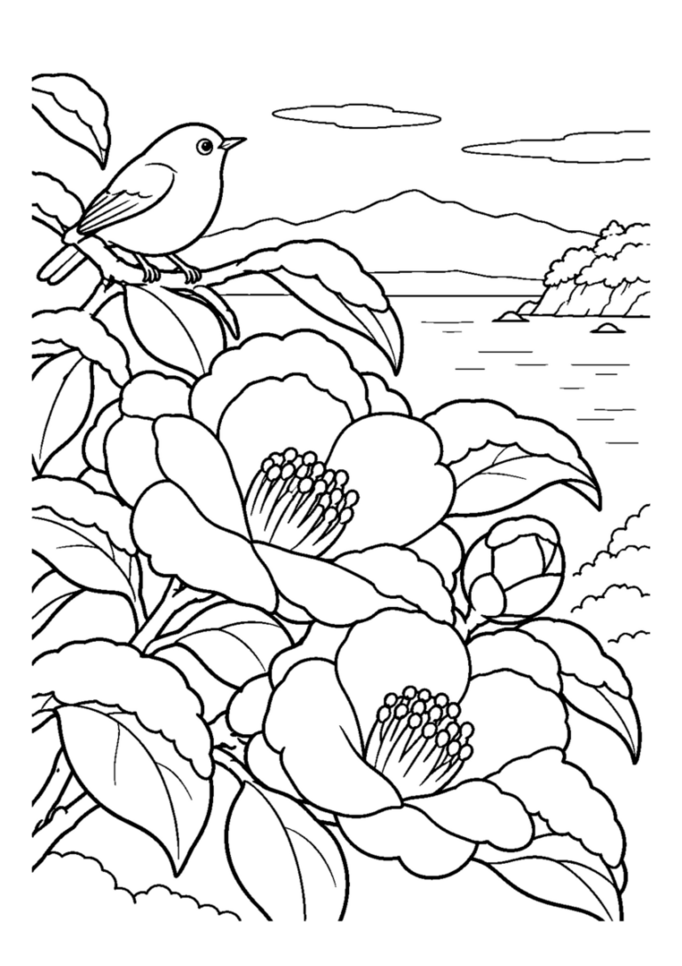 雪の藪椿。主役の植物、動物、建物または地形を大きく描き、初冬の空気を感じる静かな風景。白黒の高齢者向け塗り絵