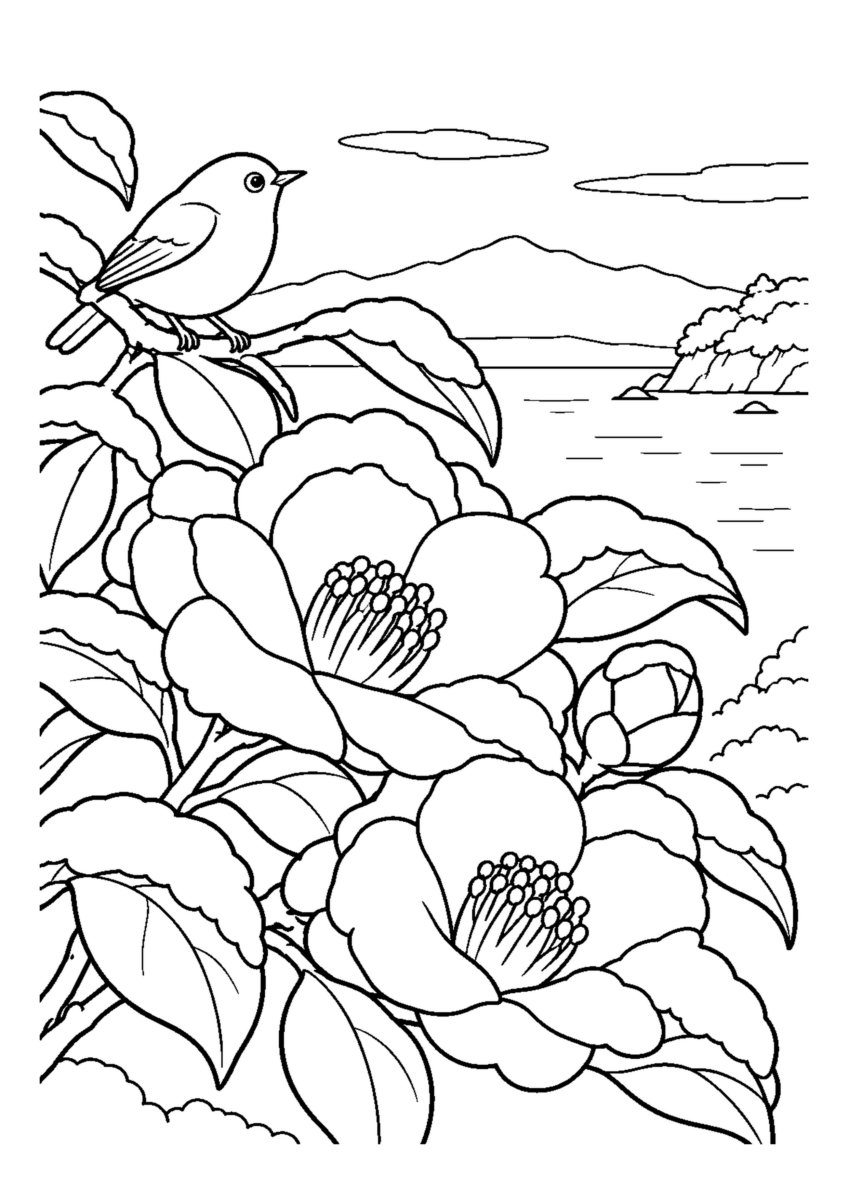 雪の藪椿。主役の植物、動物、建物または地形を大きく描き、初冬の空気を感じる静かな風景。白黒の高齢者向け塗り絵