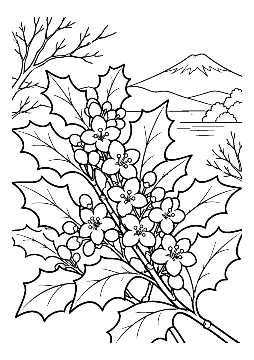 柊の白い花。主役の植物、動物、建物または地形を大きく描き、初冬の空気を感じる静かな風景。白黒の高齢者向け塗り絵