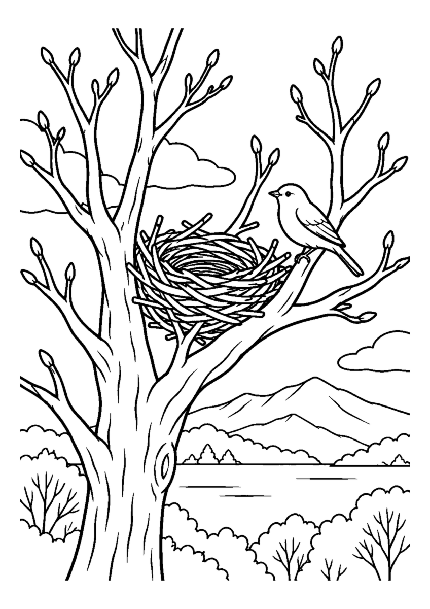 【１２月】枯れ木の鳥の巣の塗り絵
