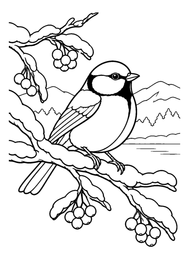 雪枝のシジュウカラ。主役の植物、動物、建物または地形を大きく描き、初冬の空気を感じる静かな風景。白黒の高齢者向け塗り絵