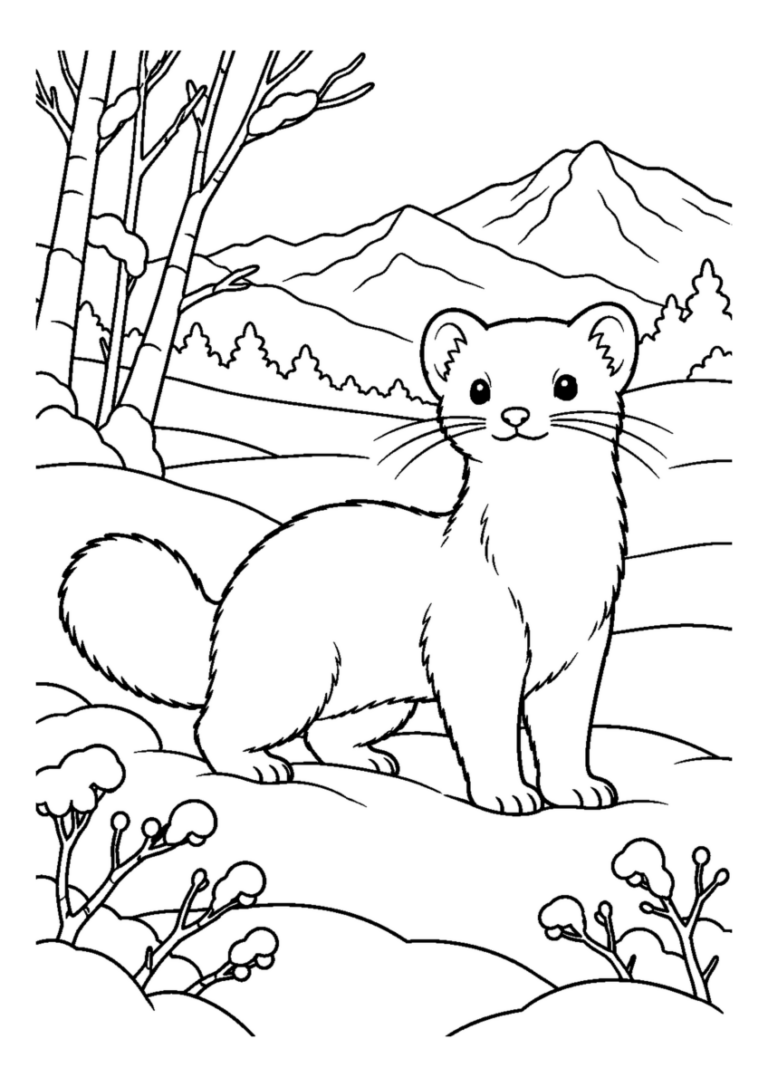 雪原のオコジョ。主役の植物、動物、建物または地形を大きく描き、初冬の空気を感じる静かな風景。白黒の高齢者向け塗り絵