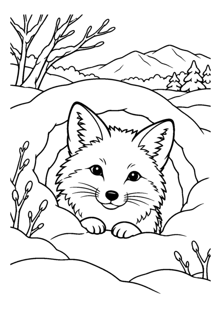 雪穴から顔を出すキツネ。主役の植物、動物、建物または地形を大きく描き、初冬の空気を感じる静かな風景。白黒の高齢者向け塗り絵