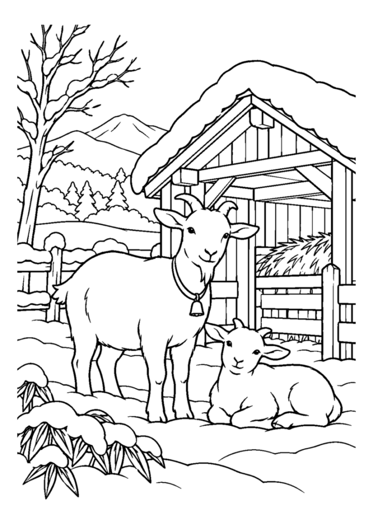 冬のヤギ小屋。主役の植物、動物、建物または地形を大きく描き、初冬の空気を感じる静かな風景。白黒の高齢者向け塗り絵