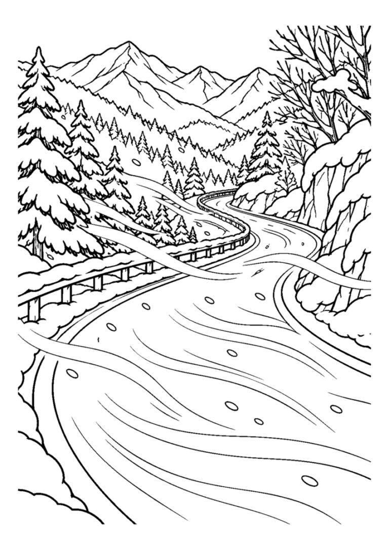 雪煙の山道。主役の植物、動物、建物または地形を大きく描き、初冬の空気を感じる静かな風景。白黒の高齢者向け塗り絵