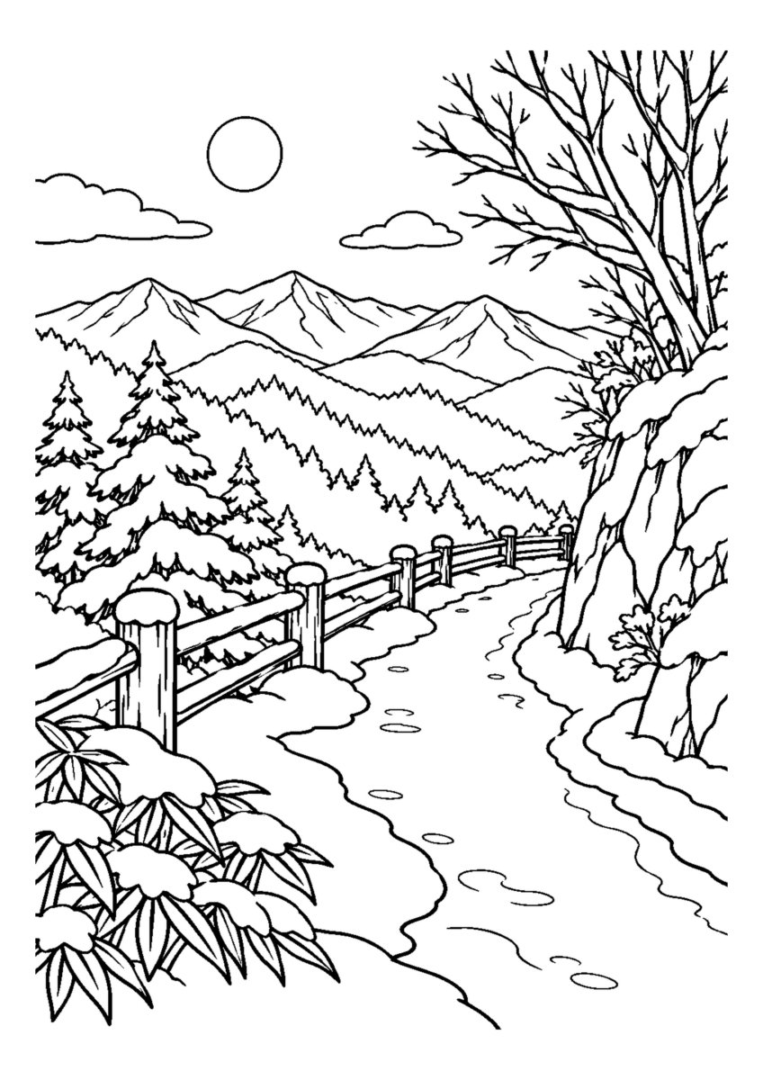 【１２月】冬晴れの峠道の塗り絵