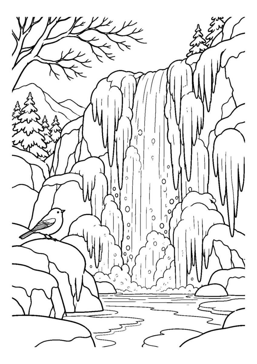 【１２月】凍る滝のしぶきの塗り絵