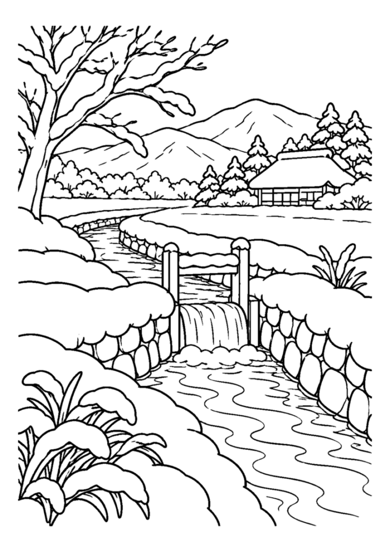 雪の用水路。主役の植物、動物、建物または地形を大きく描き、初冬の空気を感じる静かな風景。白黒の高齢者向け塗り絵