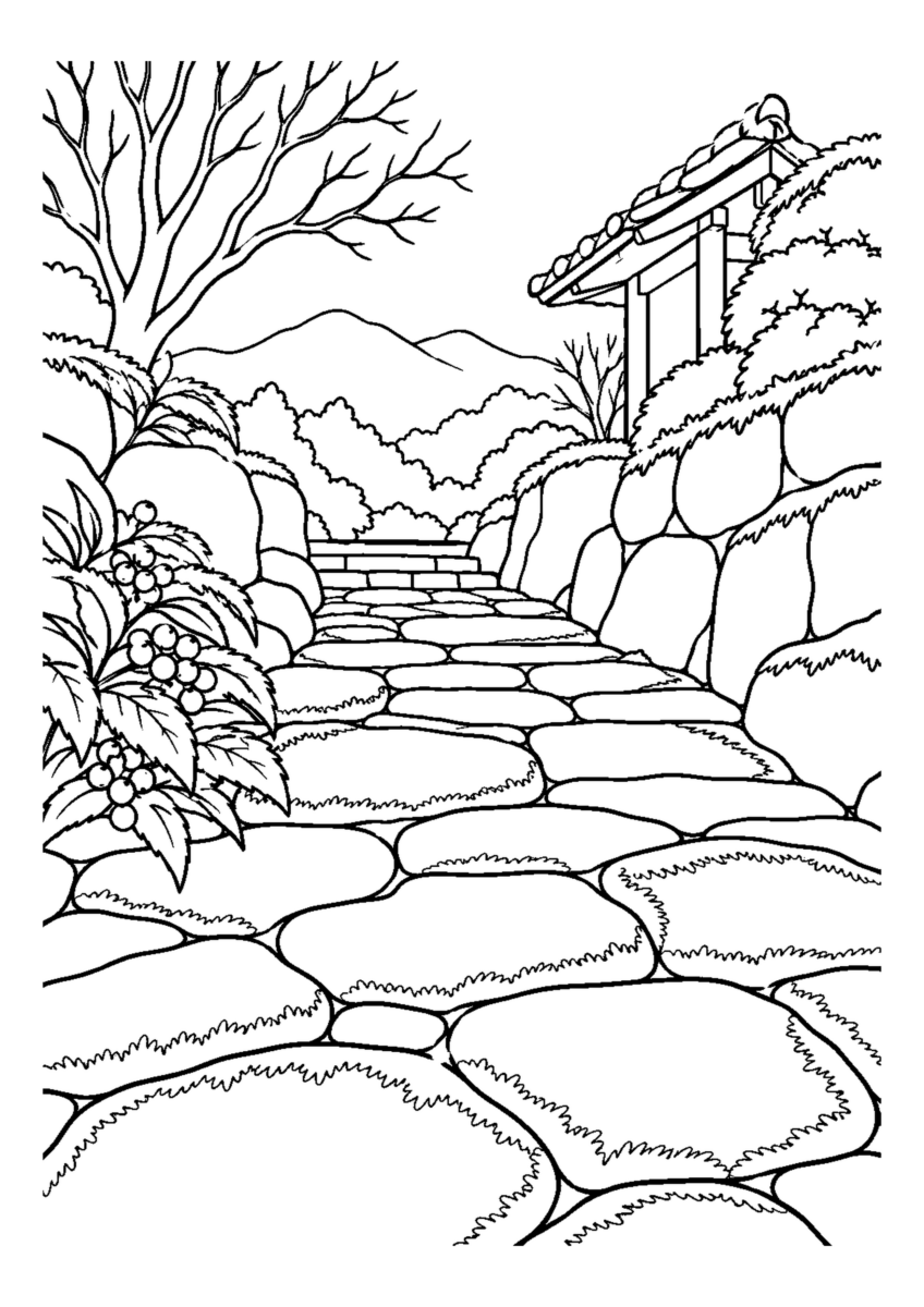 霜の石畳。主役の植物、動物、建物または地形を大きく描き、初冬の空気を感じる静かな風景。白黒の高齢者向け塗り絵